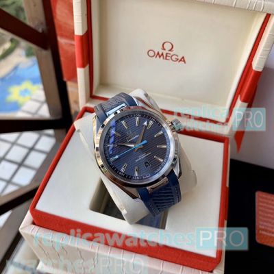 Discount Price Copy Omega Seamaster Aqua Terra Blue Dial Blue Rubber Strap Men's Watch